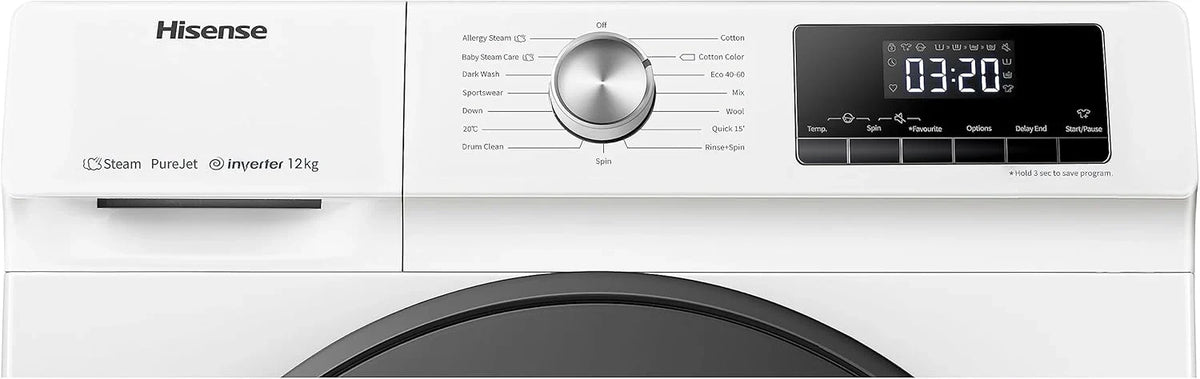 Hisense WF3S8043BW3 pralka z funkcją pary, 8 kg, 1400 obr./min, WiFi, ConnectLife, Power JetWash, program antyalergiczny, Aqua Stop, Auto Wash, Quick Wash, klasa efektywności energetycznej A-30%