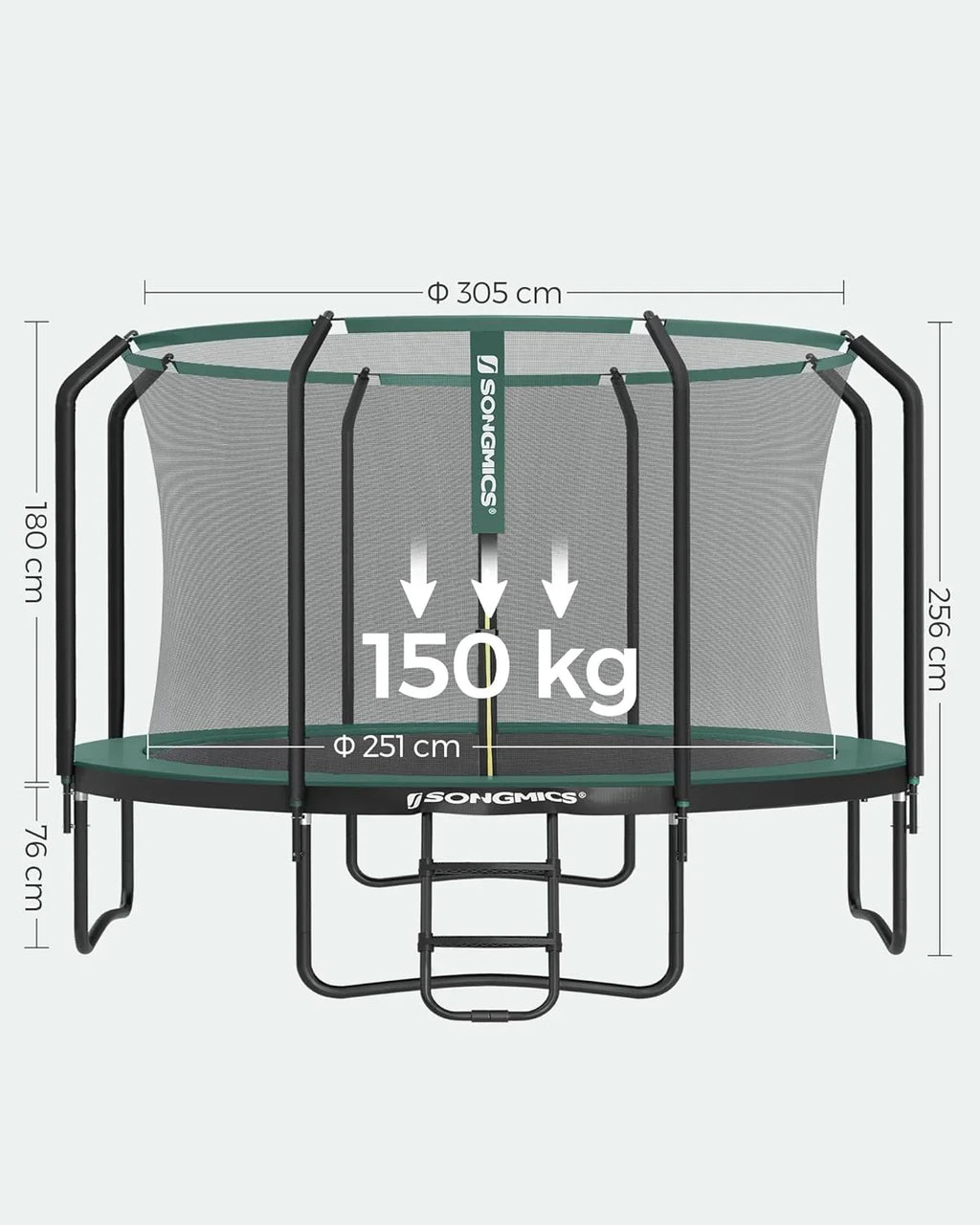 SONGMICS Trampolina Ø 244/305/366/427 cm, certyfikat TÜV Rheinland GS, okrągła trampolina ogrodowa z siatką zabezpieczającą i drabinką, wyściełany stelaż, dla dzieci i dorosłych