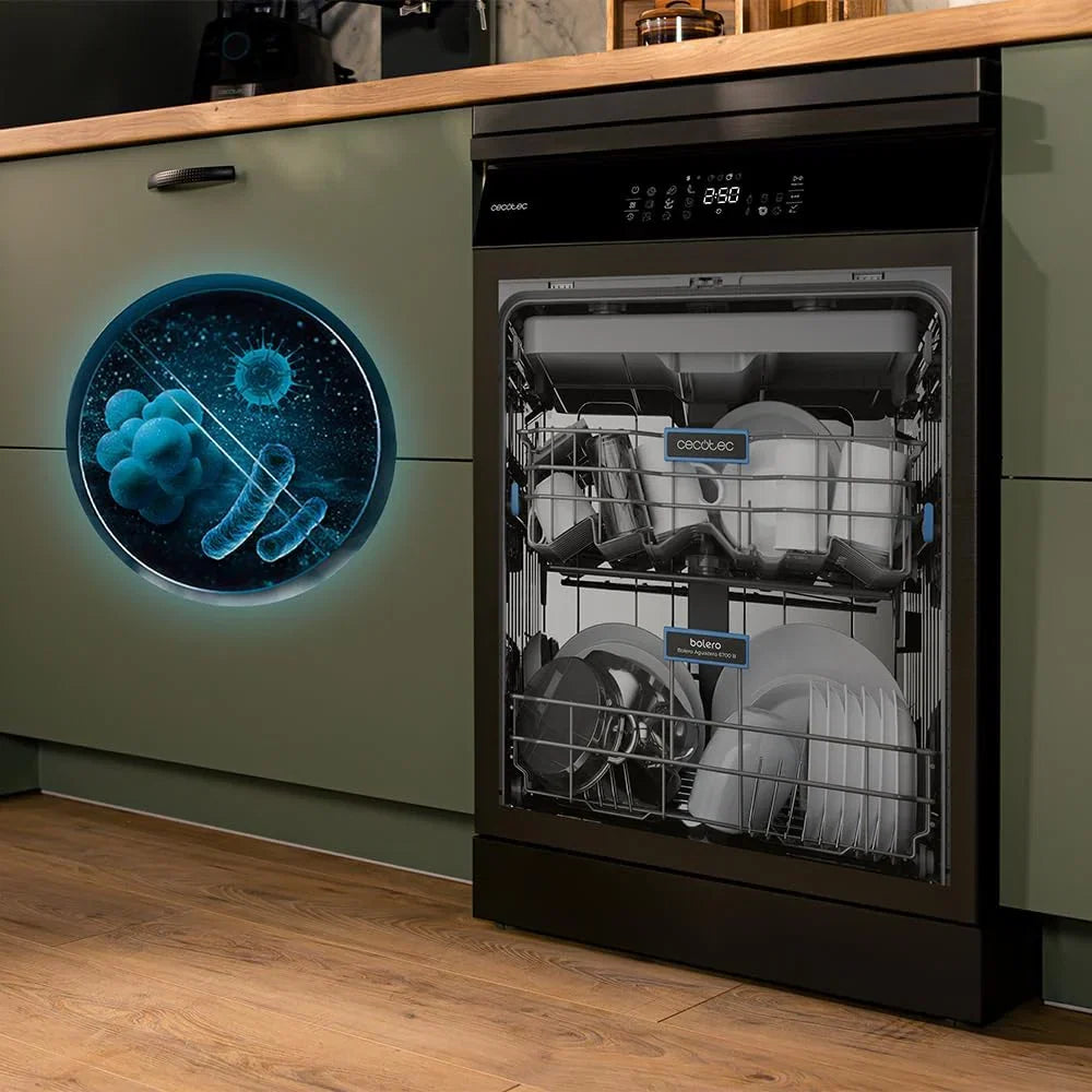 Cecotec Zmywarka 60 cm Bolero Aguazero 6800 Dark A. 14 sztućców, niskie zużycie energii, silnik inwerterowy Plus Duo, 8 programów, mycie automatyczne, czyszczenie parowe, czyszczenie wewnątrz i