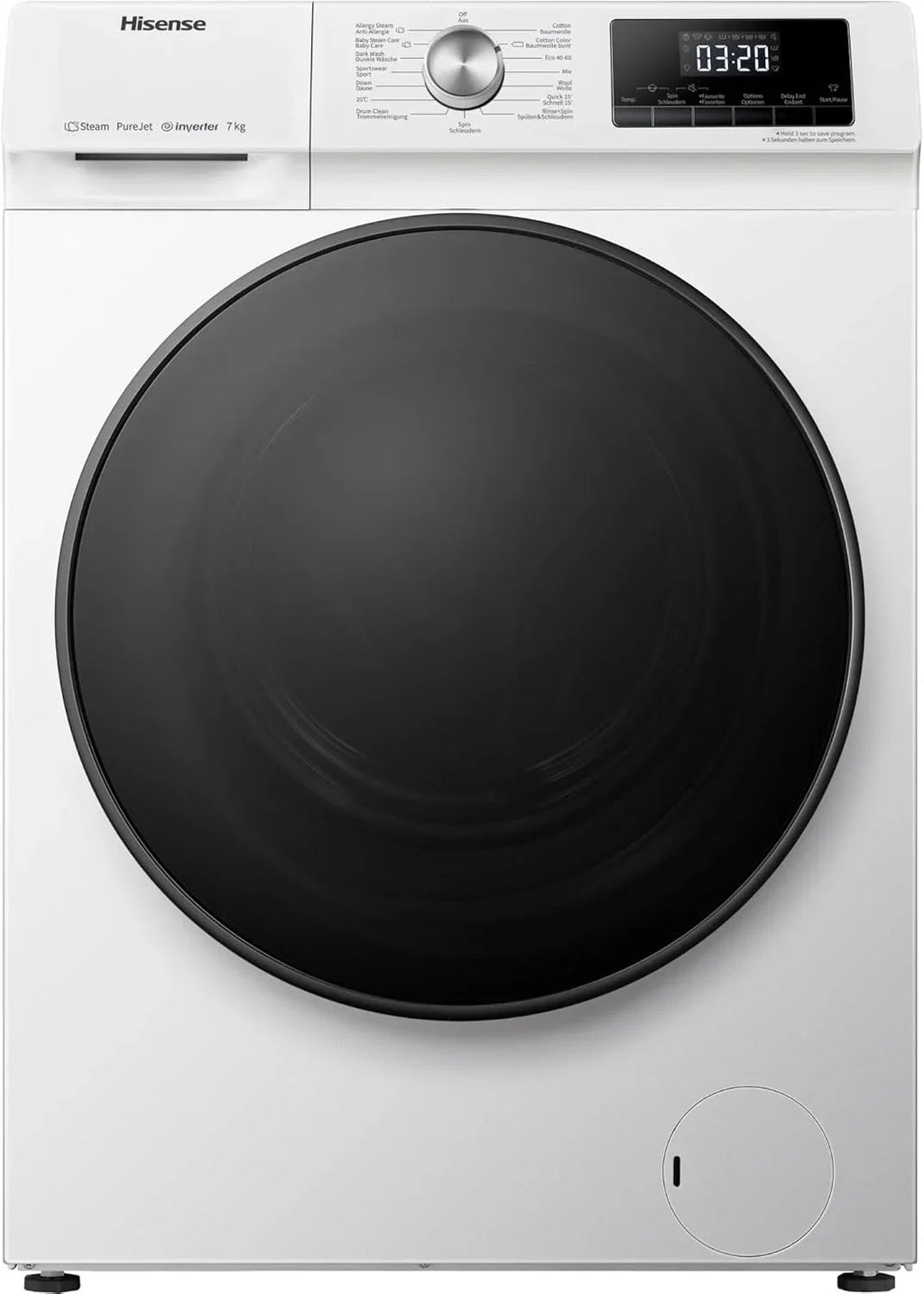 Hisense WF3S8043BW3 pralka z funkcją pary, 8 kg, 1400 obr./min, WiFi, ConnectLife, Power JetWash, program antyalergiczny, Aqua Stop, Auto Wash, Quick Wash, klasa efektywności energetycznej A-30%