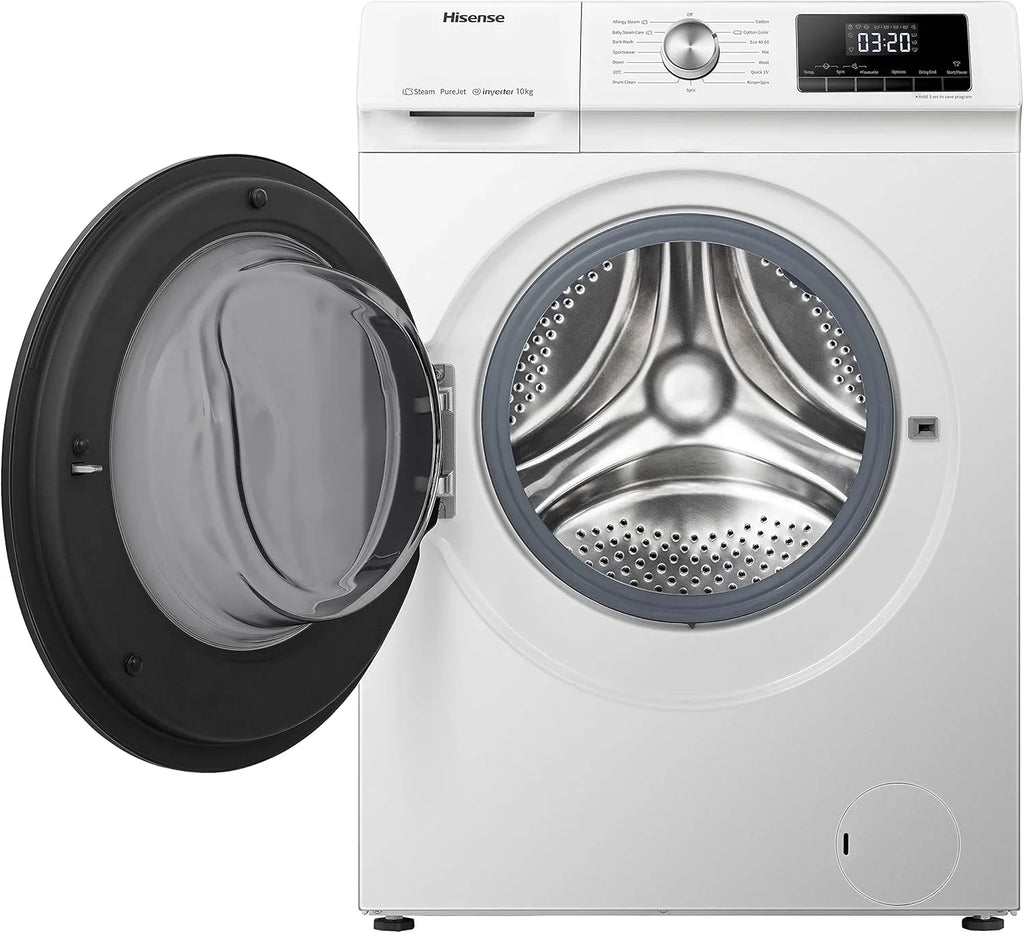 Hisense WF3S8043BW3 pralka z funkcją pary, 8 kg, 1400 obr./min, WiFi, ConnectLife, Power JetWash, program antyalergiczny, Aqua Stop, Auto Wash, Quick Wash, klasa efektywności energetycznej A-30%