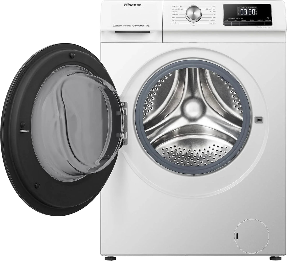 Hisense WF3S8043BW3 pralka z funkcją pary, 8 kg, 1400 obr./min, WiFi, ConnectLife, Power JetWash, program antyalergiczny, Aqua Stop, Auto Wash, Quick Wash, klasa efektywności energetycznej A-30%