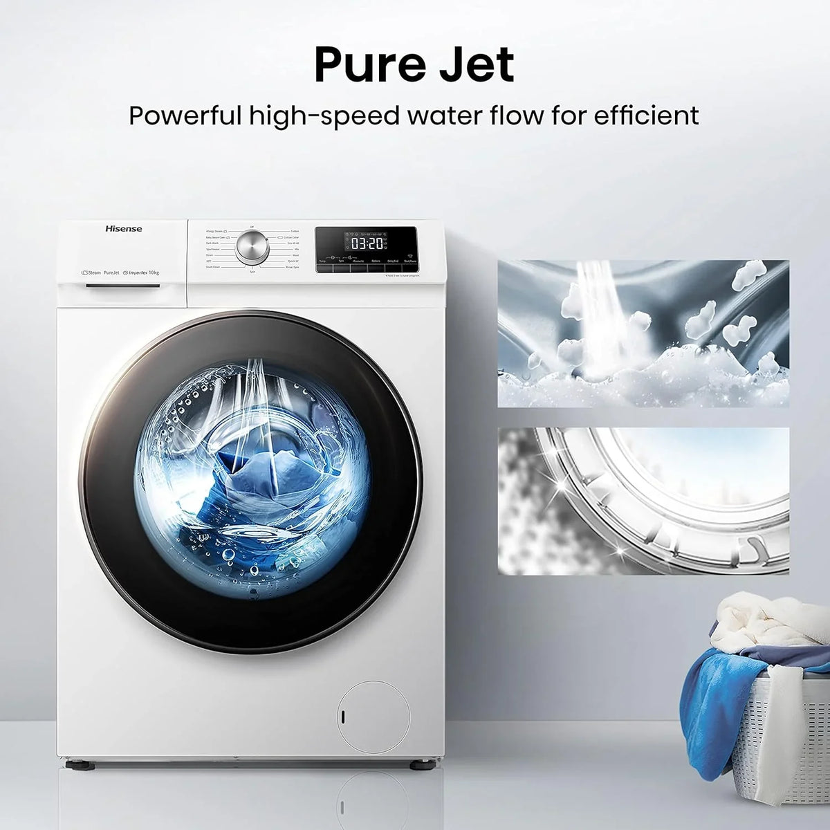 Hisense WF3S8043BW3 pralka z funkcją pary, 8 kg, 1400 obr./min, WiFi, ConnectLife, Power JetWash, program antyalergiczny, Aqua Stop, Auto Wash, Quick Wash, klasa efektywności energetycznej A-30%