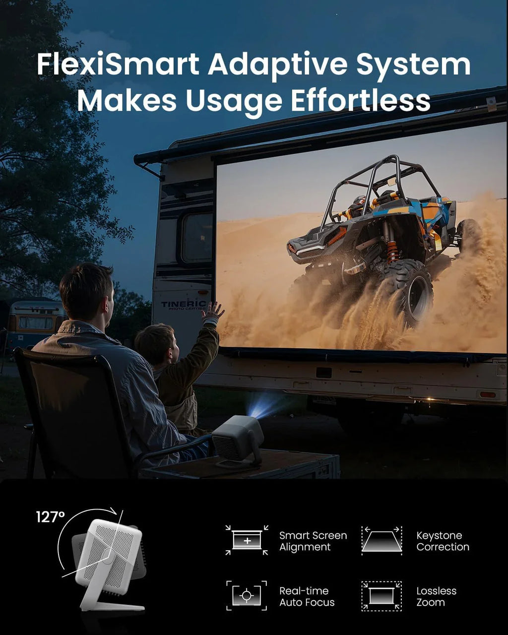 JMGO N1S 4K Mini Projektor, potrójny laser, 1100 lumenów ISO, szybki autofokus z gimbalem, Google TV, Netflix, 110% BT.2020, HDR10, 10W Dolby Audio, 3D Blu-ray, 200 na zewnątrz, do gier, na imprezy