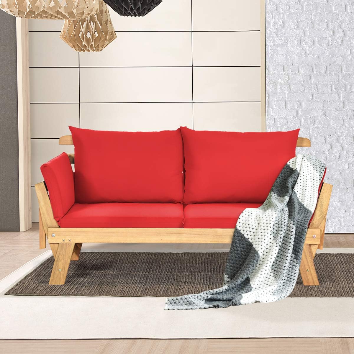 COSTWAY Ławka ogrodowa z funkcją leżenia, sofa ogrodowa z poduszkami i składanym podłokietnikiem, ławka balkonowa z drewna akacjowego, sofa balkonowa, sofa ogrodowa do ogrodu, na taras, balkon, 198 x