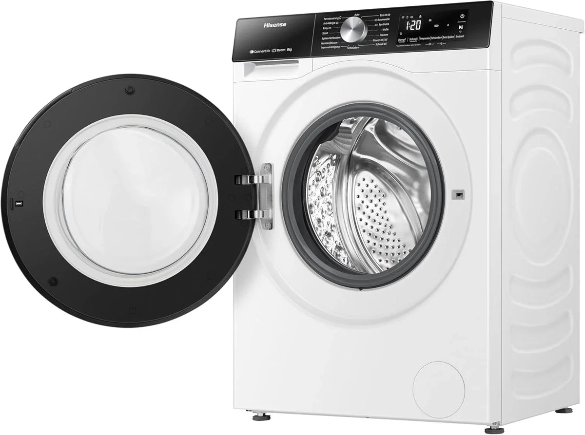 Hisense WF3S8043BW3 pralka z funkcją pary, 8 kg, 1400 obr./min, WiFi, ConnectLife, Power JetWash, program antyalergiczny, Aqua Stop, Auto Wash, Quick Wash, klasa efektywności energetycznej A-30%
