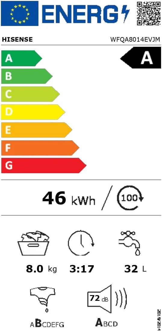 Hisense WF3S8043BW3 pralka z funkcją pary, 8 kg, 1400 obr./min, WiFi, ConnectLife, Power JetWash, program antyalergiczny, Aqua Stop, Auto Wash, Quick Wash, klasa efektywności energetycznej A-30%