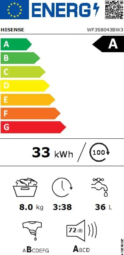Hisense WF3S8043BW3 pralka z funkcją pary, 8 kg, 1400 obr./min, WiFi, ConnectLife, Power JetWash, program antyalergiczny, Aqua Stop, Auto Wash, Quick Wash, klasa efektywności energetycznej A-30%