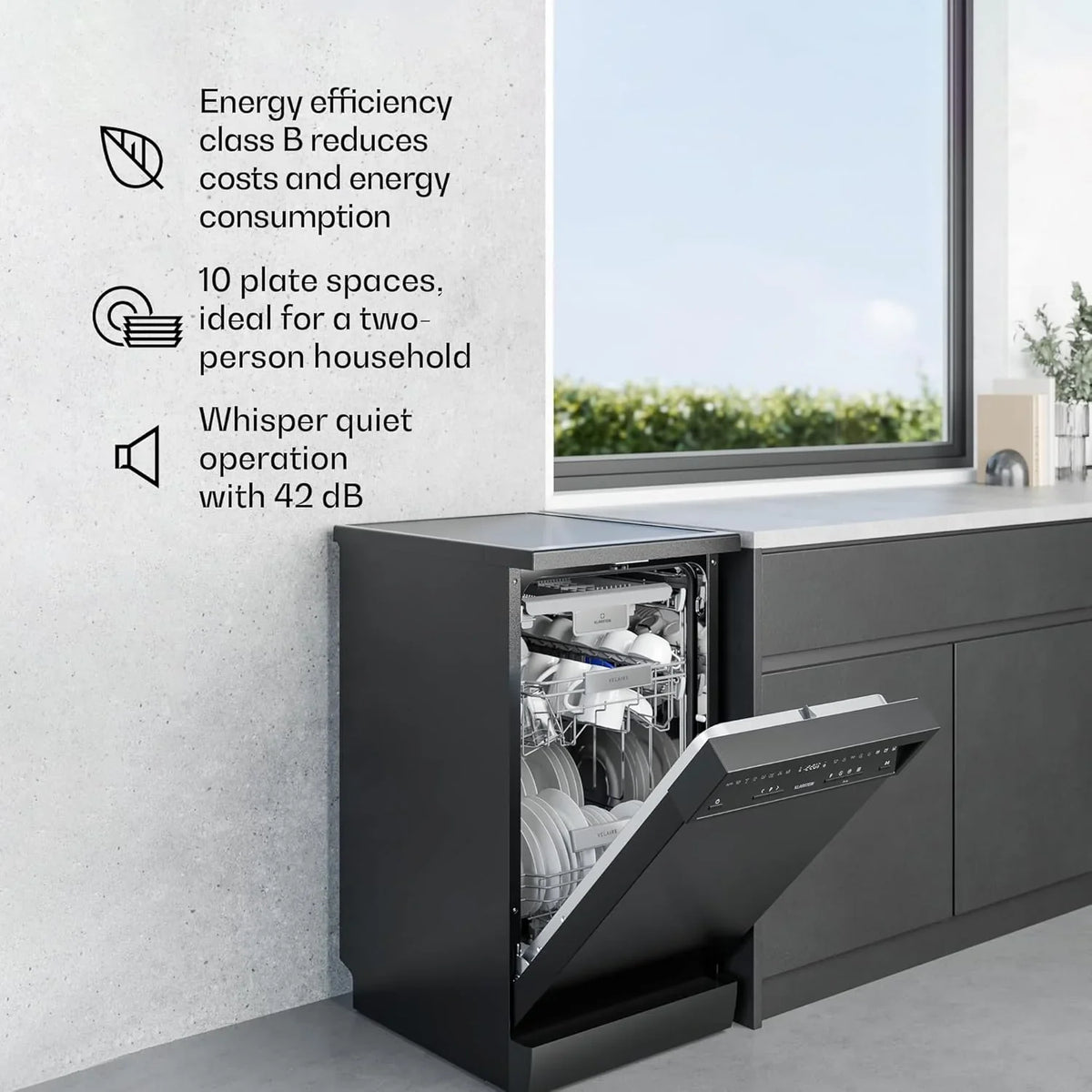 Klarstein Velaire zmywarka 60 cm – wolnostojąca, 14 miejsc, 9 programów, 42 dB, klasa energetyczna A, AquaStop, zabezpieczenie przed dziećmi, zmywarka 60 cm, stal nierdzewna