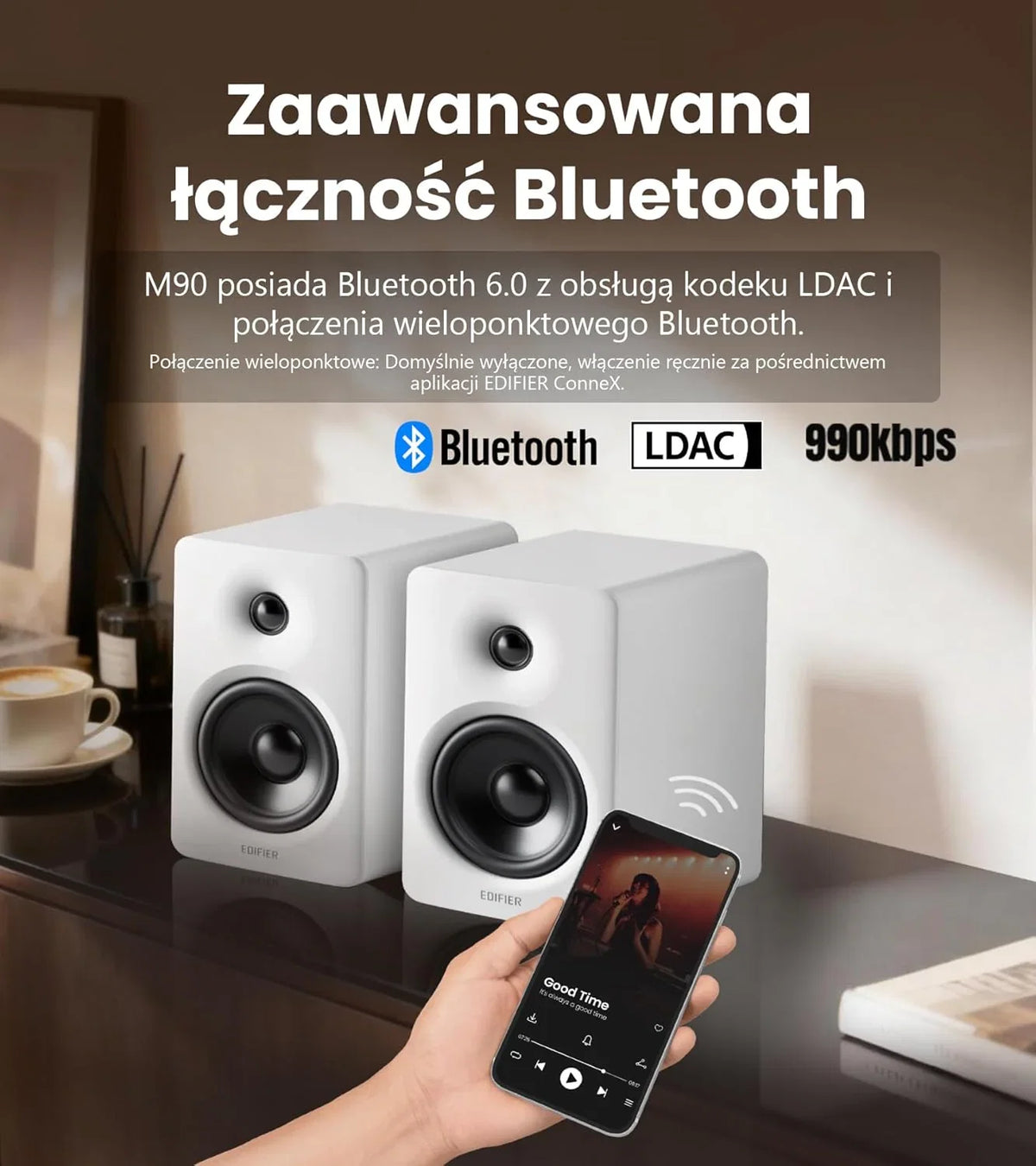 Edifier M90 Głośniki półkowe, 100W RMS Lauta Stacjonarne, Hi-Res Audio, LDAC, Bluetooth 6.0 Lauta Kompaktowe, HDMI eARC/USB-C/AUX Wejście, SUB OUT Lauta Zasilane, Stereokontrolka do TV/PC - biały