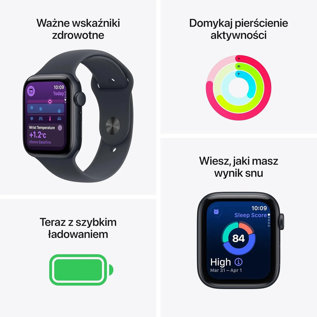 Apple Watch SE 3 GPS 44 mm Smartwatch, koperta z aluminium kolor Północ i Pasek sportowy w kolorze Północ - M/L. Monitor fitness i snu, monitor pracy serca