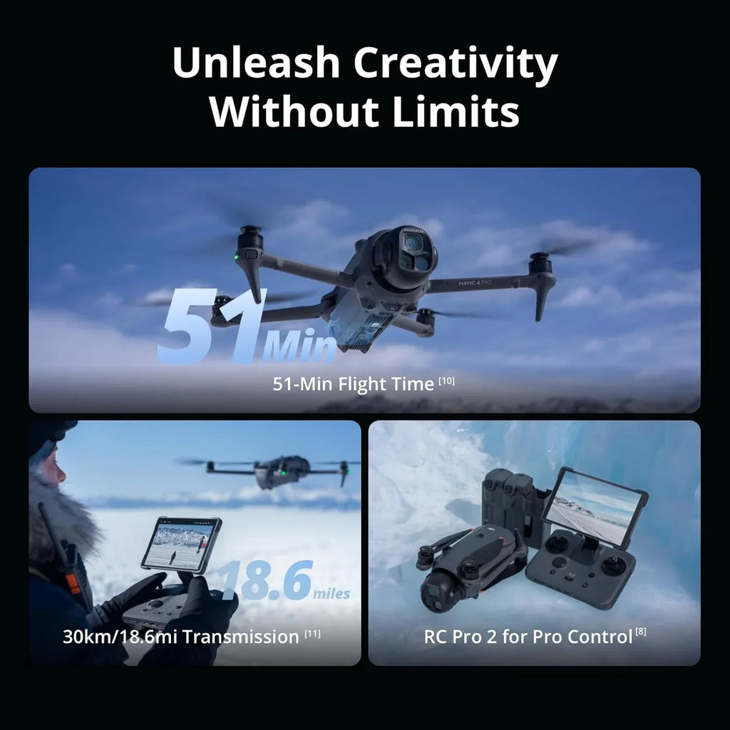 Pakiet DJI Mavic 4 Pro Fly Więcej z DJI RC 2, flagowy trójkomorowy dron z kamerą Hasselblad 100 MP i 4/3 CMOS, transmisja 30 km, czas lotu 51 min, centrum ładowania