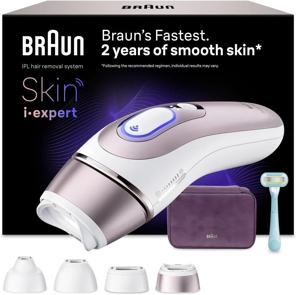 Braun Lumiere Pulsee Intelligent Skin i·expert PL7431, biały i brązowy - domowa alternatywa dla lasera, przewodowa, z kieszenią, brzytwą Gillette Venus, 4 głowice, podłączony do aplikacji