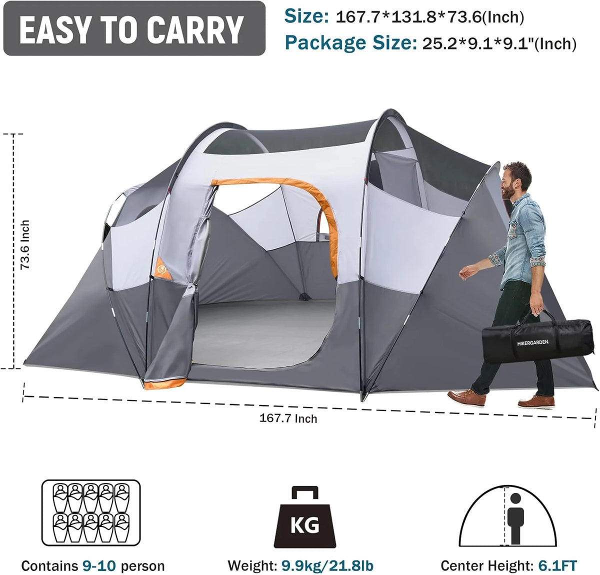 HIKERGARDEN Namiot kempingowy dla 10 osób, przenośny, łatwy w montażu, rodzinny namiot na kemping, wiatroszczelny namiot kopułowy z tkaniny, do wędrówek, wędrówek z plecakiem, w podróż, 35 x 280 cm