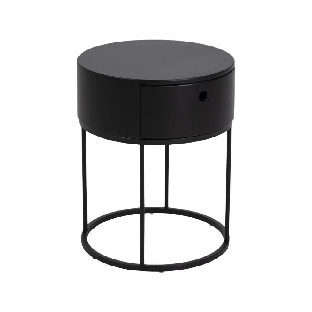 Stolik nocny z metalową podstawą i szufladą - czarny design minimalistyczny
