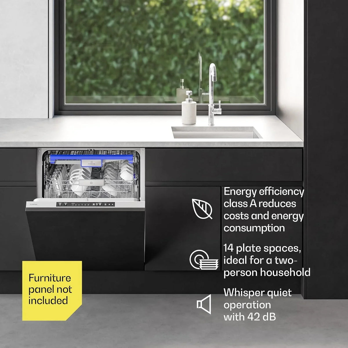 Klarstein Velaire zmywarka 60 cm – wolnostojąca, 14 miejsc, 9 programów, 42 dB, klasa energetyczna A, AquaStop, zabezpieczenie przed dziećmi, zmywarka 60 cm, stal nierdzewna