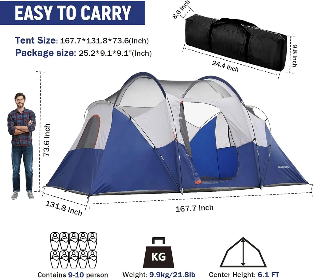 HIKERGARDEN Namiot kempingowy dla 10 osób, przenośny, łatwy w montażu, rodzinny namiot na kemping, wiatroszczelny namiot kopułowy z tkaniny, do wędrówek, wędrówek z plecakiem, w podróż, 35 x 280 cm