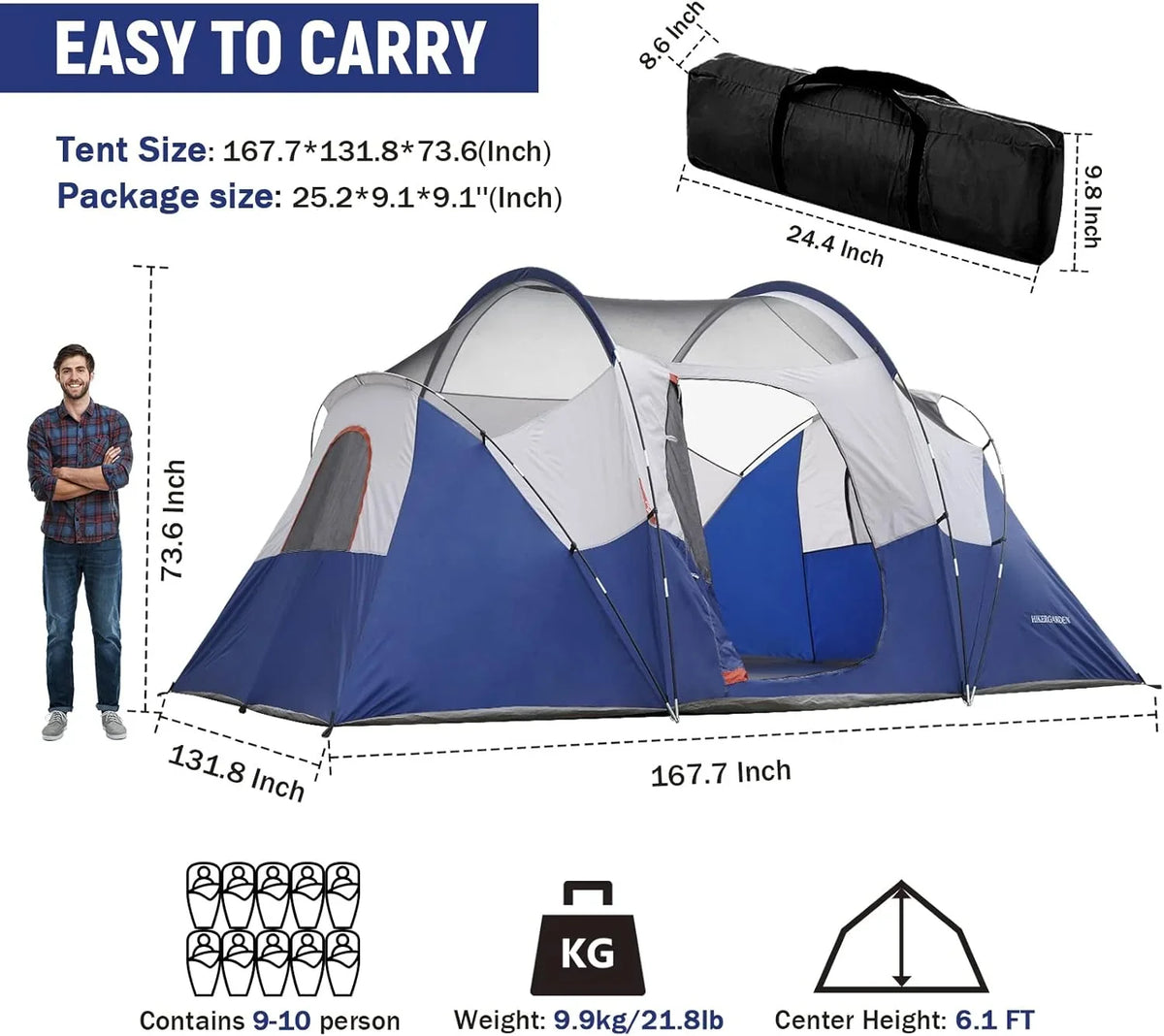HIKERGARDEN Namiot kempingowy dla 10 osób, przenośny, łatwy w montażu, rodzinny namiot na kemping, wiatroszczelny namiot kopułowy z tkaniny, do wędrówek, wędrówek z plecakiem, w podróż, 35 x 280 cm